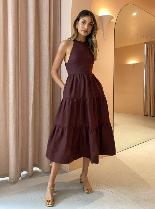 Shona Joy Marlene Open Back Tiered Midi Dress in Chocolate