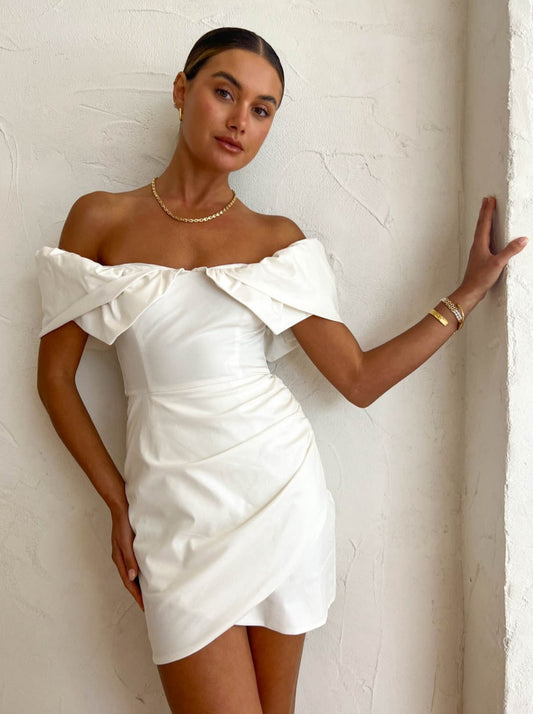 Sofia The Label Hailey Off Shoulder Mini Dress in White Coco & Lola Sofia The Label Hailey Off Shoulder Mini Dress in White Coco & Lola