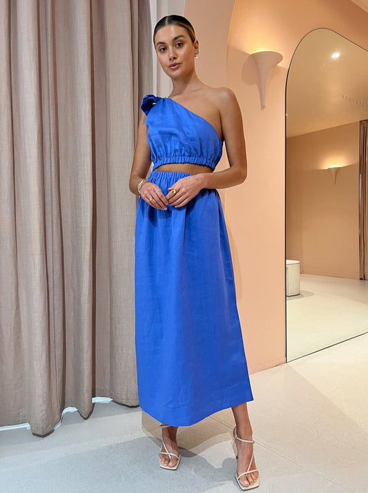 Sofia The Label Sienna One Shoulder Cut Out Midi Dress in Royal Blue