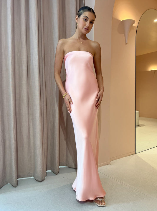 Third Form Satin Tie Back Strapless Maxi in Fairy Floss