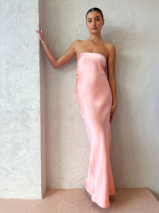 Third Form Satin Tie Back Strapless Maxi in Fairy Floss