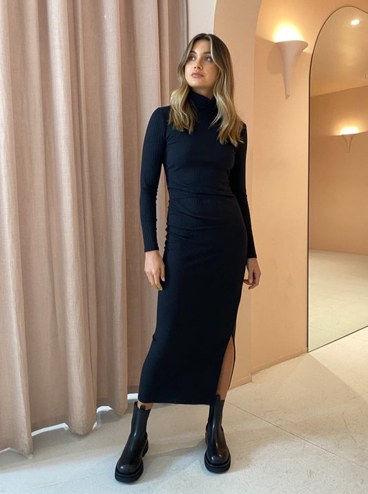 By Nicola Fleur Ribbed Maxi Dress in Black