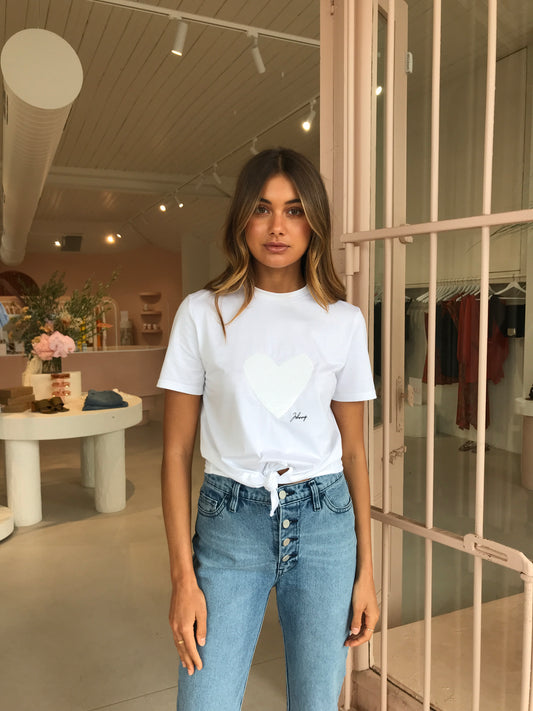 By Johnny Johnny Sequin Heart Tie Up Tee in White