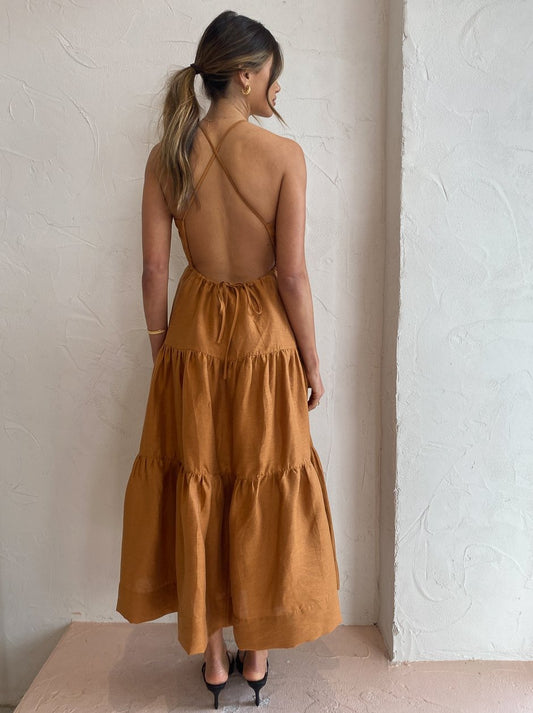 Shona Joy Maya Backless Halter Midi Dress in Turmeric Coco & Lola Shona Joy Maya Backless Halter Midi Dress in Turmeric Coco & Lola