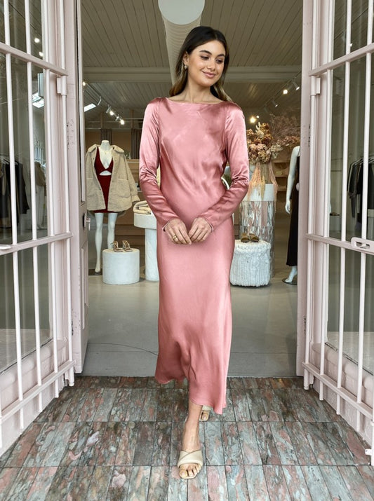 Shona Joy Eloise Long Sleeve Backless Midi Dress in Antique Rose