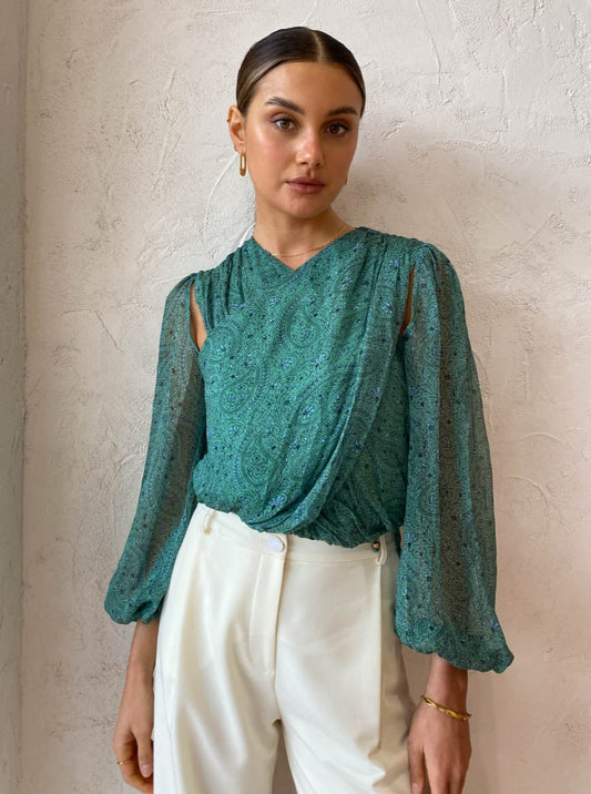 Suboo Stella Long Sleeve Pleated Cross Over Top in Green Paisley