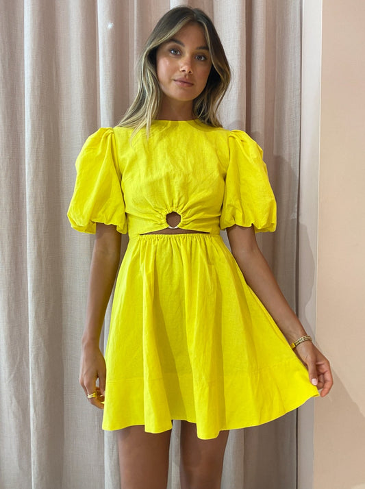 By Nicola Dahlia Ring Detail Mini Dress in Canary