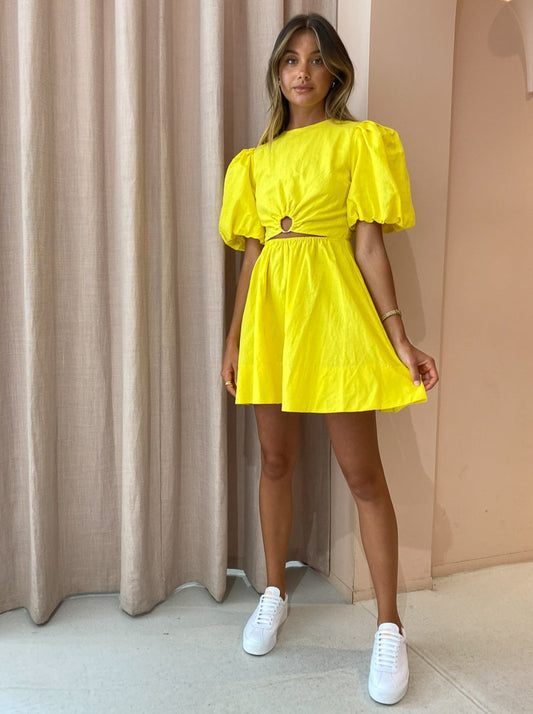 By Nicola Dahlia Ring Detail Mini Dress in Canary